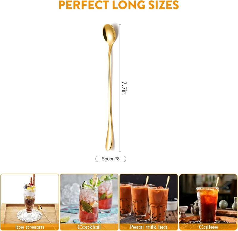 KITWARE Gold Ice Teaspoons Set of 8 Pieces, 7.7 inch Long Handle Spoon, Stainless Steel Coffee Spoons, Cocktail Mixing Spoons, Mirror Polished Bar Spoon - Image 3